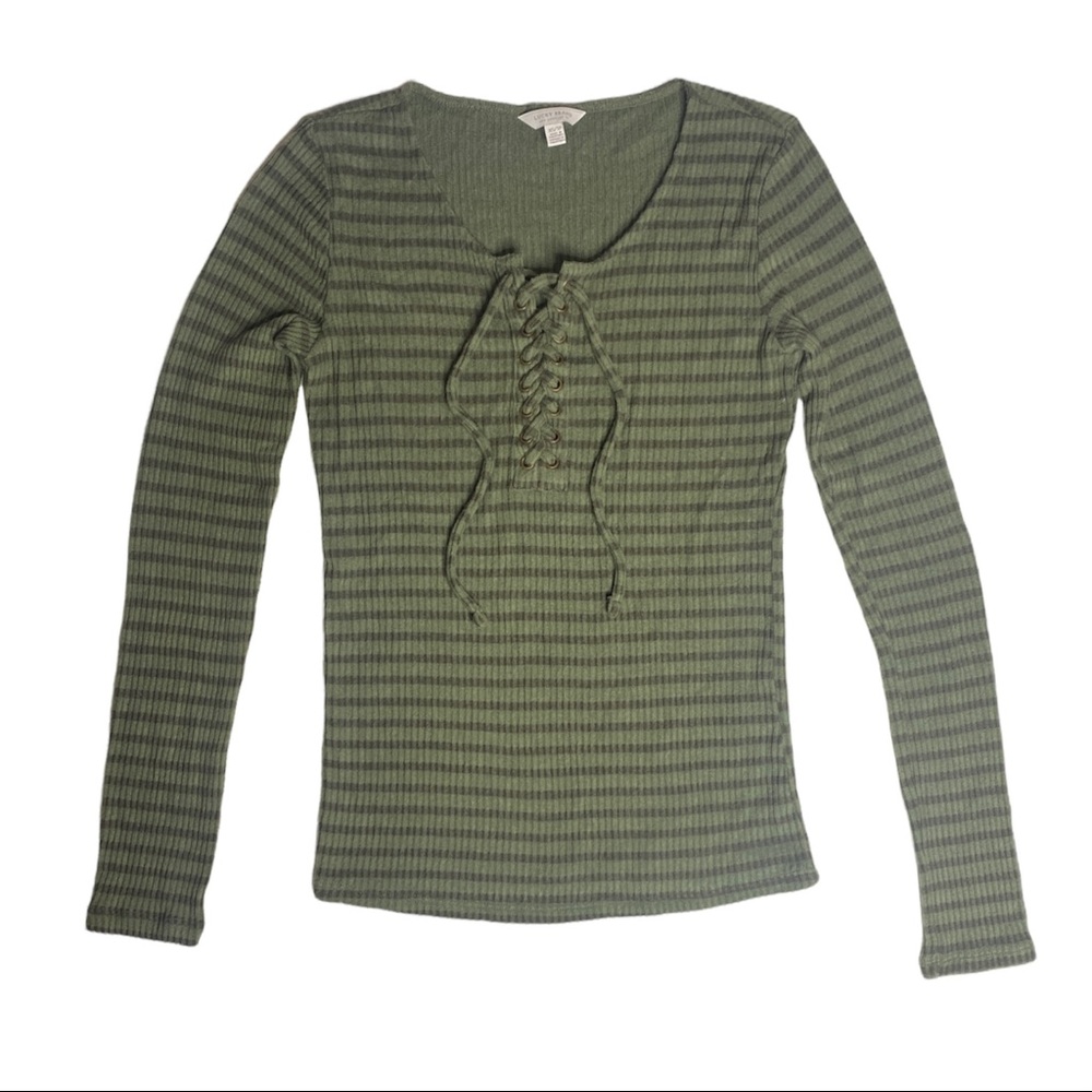 LUCKY BRAND striped, long sleeve, army green, lace up tee! 🍀
